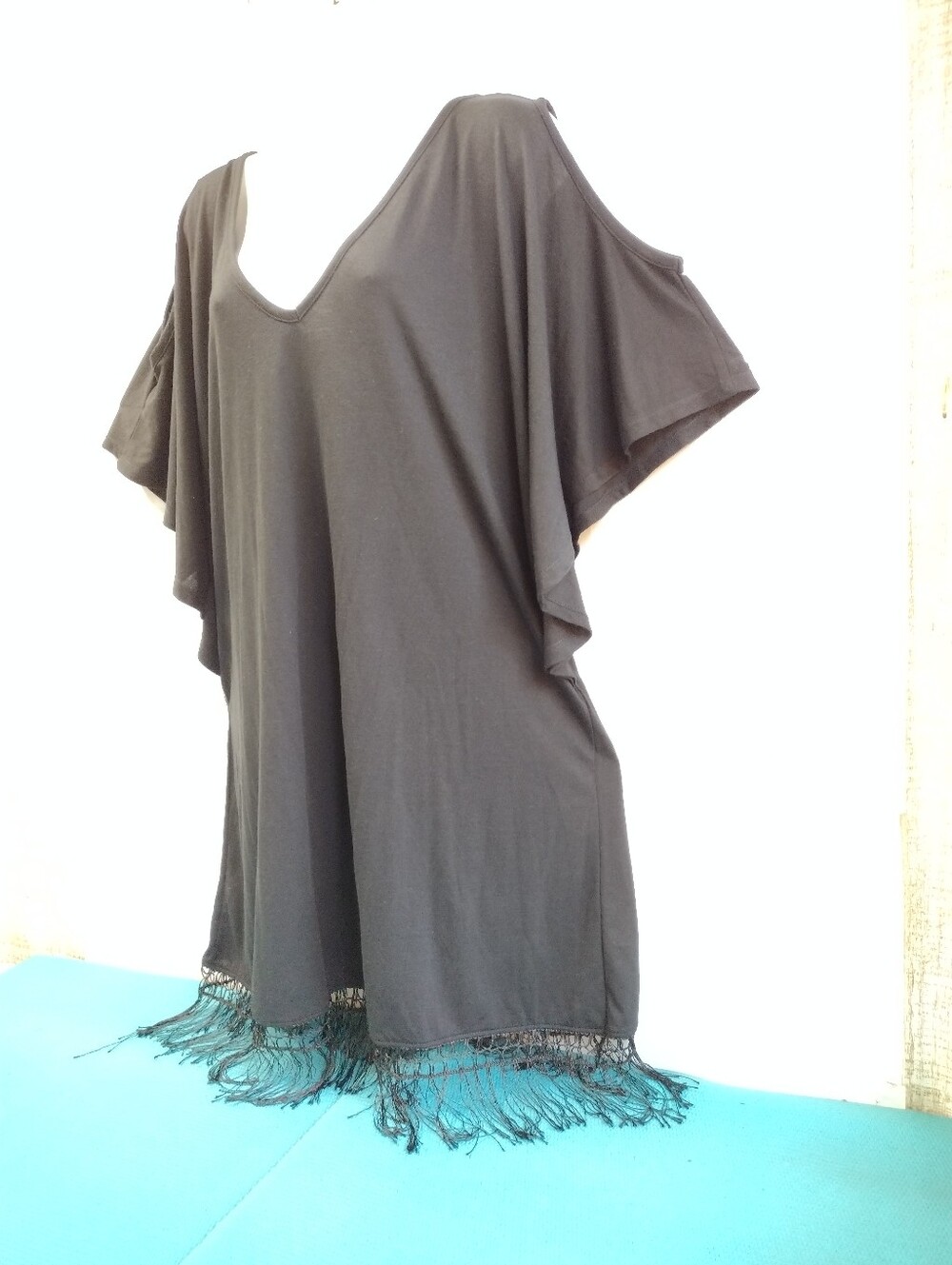 NWT Wearabouts Black Cold Shoulder Caftan Tunic Top W/ Fringe XXL